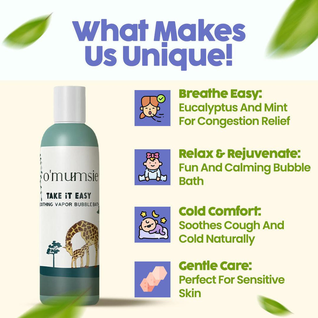 Gentle baby bubble bath for cold & cough relief with natural vapors for comfort.
